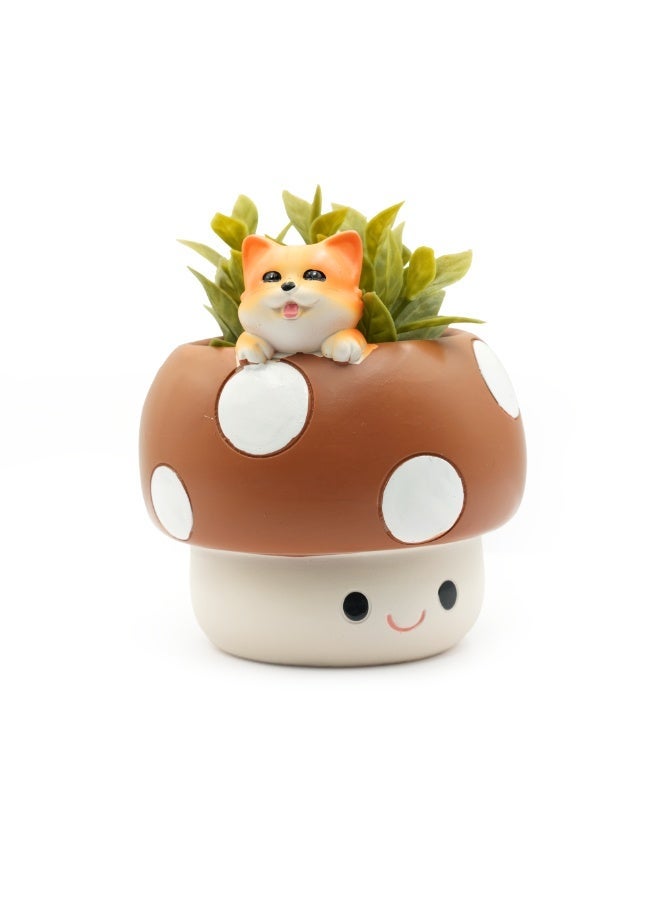 Beram Brown Mushroom Smiling Cat Planter Polyresin Decorative Flower Pot Cute Animal Succulent Holder with Drainage Hole Indoor Outdoor Home Office Desk Decor Pen Pencil HolderKit Gift(Brown-) - Image 1